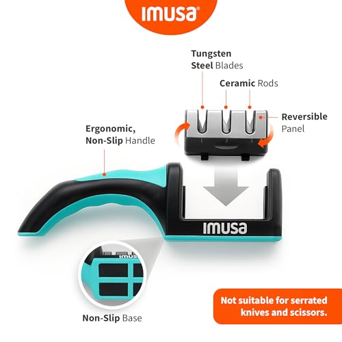Image of IMUSA Kitchen Knife Sharpener, Manual, Coarse to Fine, Non-Slip Base | Tungsten steel blades with ceramic rods, ergonomic grip, ambidextrous, not for serrated knives or scissors