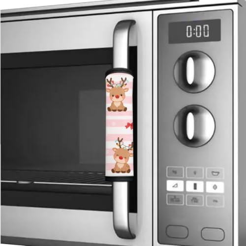 Image of Christmas Refrigerator Door Handle Covers Set of 6 Kitchen Electrical Appliances Handle Protector Anti-Slip Fridge Microwave Oven Home Accessories, Cute Reindeer Pink White Stripes