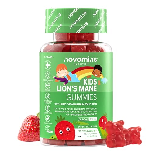 Kids Lions Mane Gummies - 30 Sugar Free Gummies - Mushroom Complex with Zinc Vitamin B6 Folic Acid - Sugar-Free - Lions Mane Supplement for Mental Performance - Vegan - Strawberry Flavour - Novomins