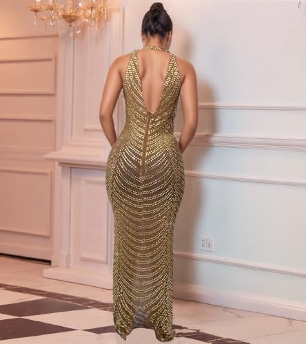 Image of PORRCEY Women's Sexy Rhinestone Mesh See Through Party Night Prom Dress