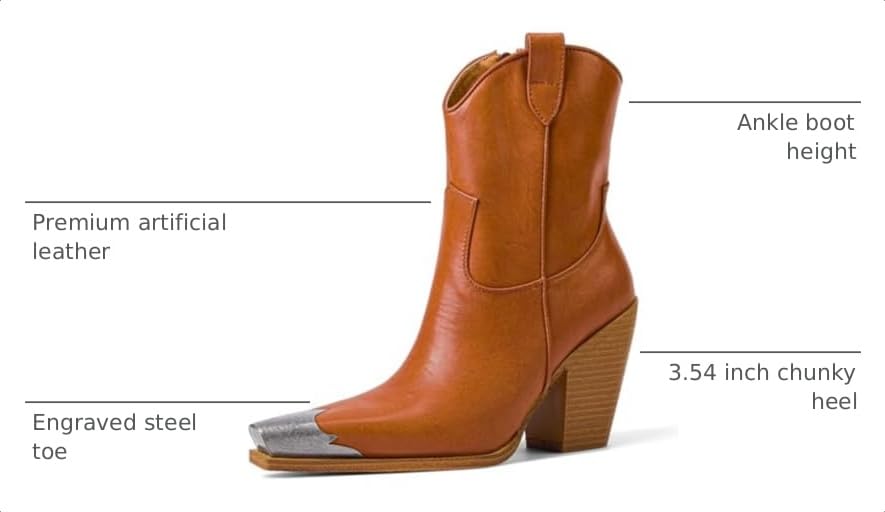 Image of Cowboy Ankle Boots for Women Engraved Steel Toe Cowgirl Boots Stacked Block Heels Short Cowboy Boot Fashion Dressy Western Country Booties