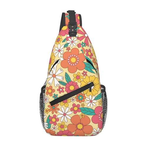 LOSTORCHI Groovy Flower Crossbody Sling Bag for Women Men Retro Hippy 70s Style Vintage Colorful Flowers Travel Sling Backpack Casual Shoulder Bag Cute Spring Daisy Floral Print Sports Hiking Daypack