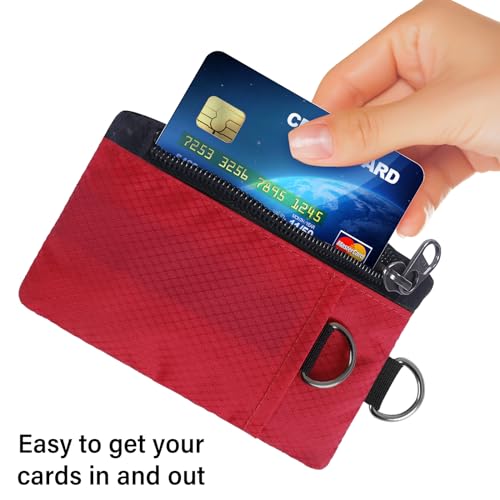 Image of TATAANTY RFID Blocking Wallet, Minimalist Wallet for Men, Small Wallet for Women with Lanyard Keychain, ID Holder Zipper for Cards, Coins, Travel, Water-resistant, Red, Casual