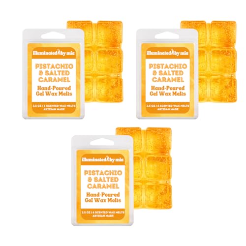 illuminatedbymia Gel Wax Melts - Jelly Cubes for Wax Warmer Reusable Mess Free 96 Hr Burn Time Paraben Phthalate Free Melts Premium Grade Jelly Wax Melts (Pistachio & Salted Caramel Trio)