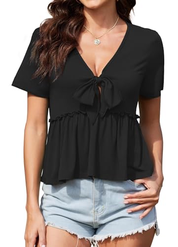 ArtJuly Womens Sexy V Neck Tops Summer Cute Ruffle Shirts Cutout Tie Bow Blouse Short Sleeve Crop Tops