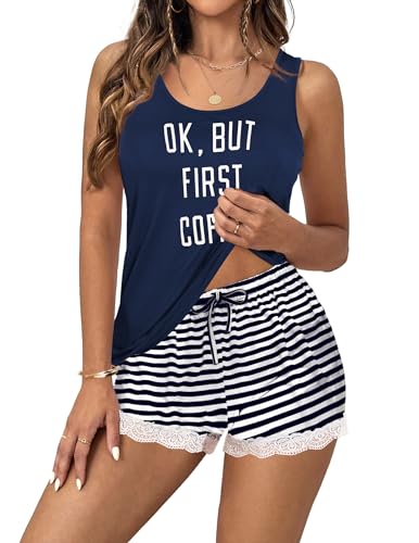 Ekouaer Womens Pajama Sets Sleeveless Tank Top and Shorts Pj Set Lace Hem Sleepwear S-XXXL3
