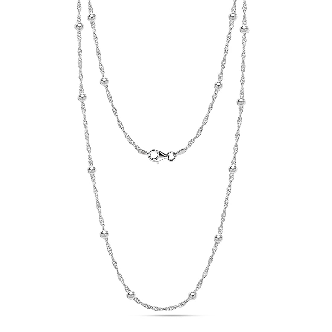 LeCalla Italian 925 Sterling Silver Bead Chain Station Necklace | Ball Bead Station Singapore Cable Chain Necklace for Teen and Women 16, 18, 20, 24,