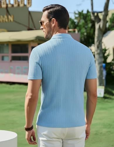 Image of Zilcon Mens Casual Polo Shirt Summer Short Sleeve Vacation Button Beach Knit Stretchy Golf Tshirts