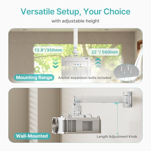 PEGZONE Projector Ceiling Mount with Extension Pole, Wall&Ceiling Adjustable Bracket 3-in-1, Universal Projector Holder for Home Theater & Office, 44lbs, Compatible with Epson/Optoma, White - Thumbnail 3