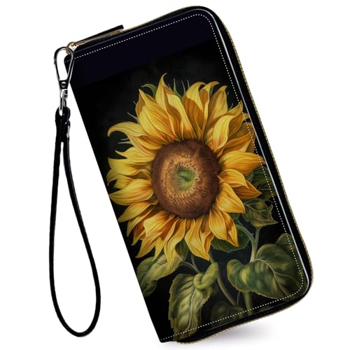 Image of Women's Wallets,Credit Card Holder Money Leather Long Wallet with Wristlet,Large Capacity with Zip-Around Phone Purse for Women Ladies Girls,Sunflower