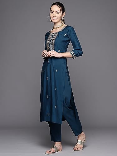 Image of INDO ERA Women's Green Poly Silk Embroidered Straight Kurta & Pant with Dupatta Set (KH9GN7223)