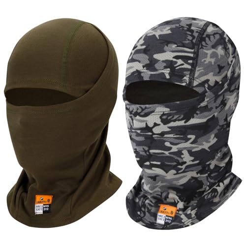 LANLFY 2PCS FR Balaclava Summer Lightweight Face Mask Flame Resistant for Industrial Workers Motorcyclists Windproof Dustproof Breathable Protective Headwear Camo/Army Green