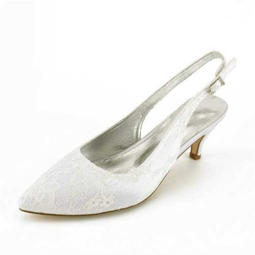 DXSYMJM Women's Slingback High Heels Pointed Toe Kitten Heel Ankle Strap Lace Satin Wedding Dress Shoes