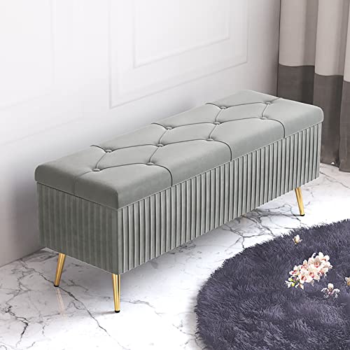 Banco de almacenamiento de zapatos tapizado de terciopelo para dormitorio, sala de estar, moderno baúl de almacenamiento con reposapiés acolchado, banco de almacenamiento de terciopelo gris