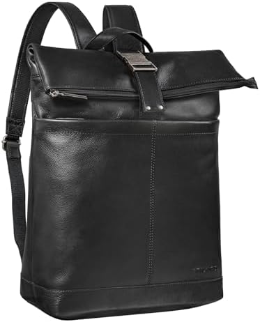 STILORD Hudson Roll Top Rugzak Leer Fietsrugzak Grote Lederen Tas Vintage Daypack voor 13,3 Laptops ideaal als Messenger Backpack Reizenzak Echt Leer Kleur:zwart