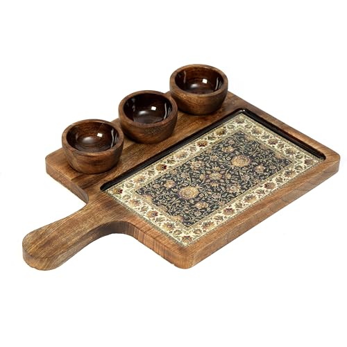 Image of Handcrafted Mango Wood Serving Platter with 3 Dip Bowls | Traditional Jamawar Kashmiri Print | Waterproof, Heat-Resistant, Food-Safe Lacquer Finish | 15.5 x 10 Inch | Made in India (3Katori: Jamawar)