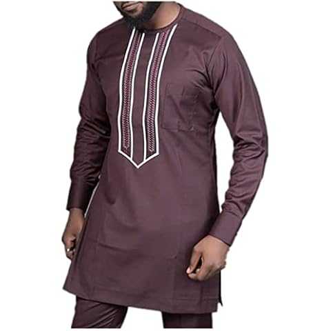 Men's African Clothes Set Embroidery Shirt and Pant 2-Pieces Dashiki Outfit Long Sleeves (Reddish Brown,L4) Cover