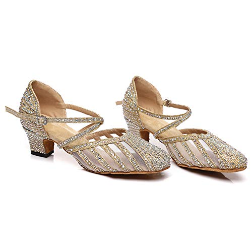 HROYL Women Closed Toe Ballroom Dance Shoes Low Heel Rhinestones Latin Salsa Modern Performance Practice Dancing Shoes YCL4034
