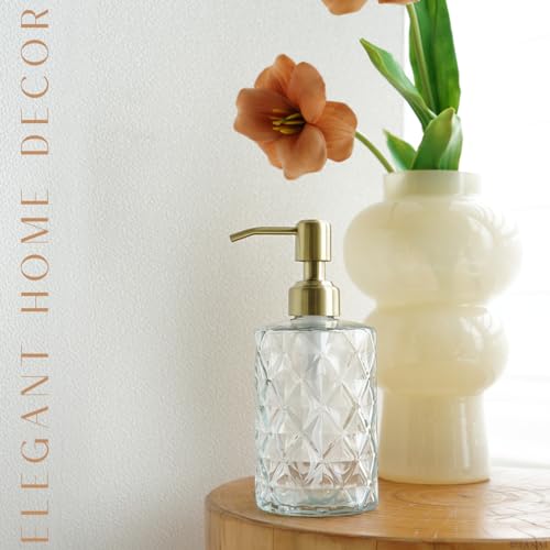 Image of JASAI Diamond Design Glass Soap Dispenser with Golden Pump, Refillable Hand soap Dispenser for Kitchen, Soap Dispenser Bathroom for Soap, Hand soap, Dish Soap, Lotion.