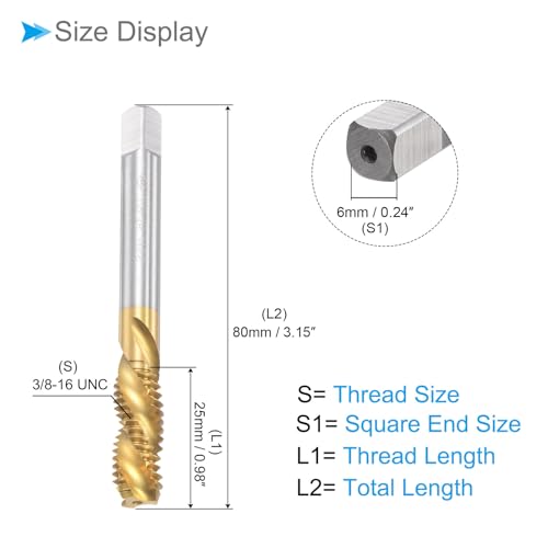 CoCud Spiralnut-Gewindebohrer, 3/8-16 UNC Gewindegröße, 3 Nuten, Hochgeschwindigkeitsstahl-Gewindewerkzeug - (Anwendungen: zur Bearbeitung von Löchern und klebrigen Materialien)