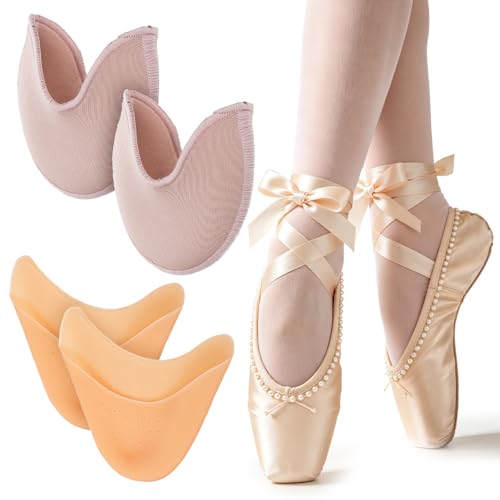 Fosaseua 4Pcs Toe Pads for Pointe Shoes Breathable Pointe Shoe Toe Pads Washable Ballet Toes Pad to Protect Feet (2 Pairs Cotton Pointes & 2 Pairs Silicone Gel Pad Pointes Shoes Protectors)