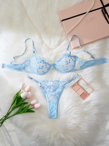 Image of Lilosy Sexy Underwire Cute Push Up Strappy Embroidered Mesh Sheer Lingerie Set See Through Panty Bra