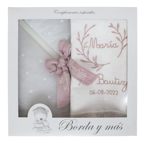 Kit de vela y pañuelo personalizado para bautizo – Pack de vela decorada para Bautizo y Paño bordado con nombre y fecha del Bautismo - Modelo Bambula (Rosa maquillaje)