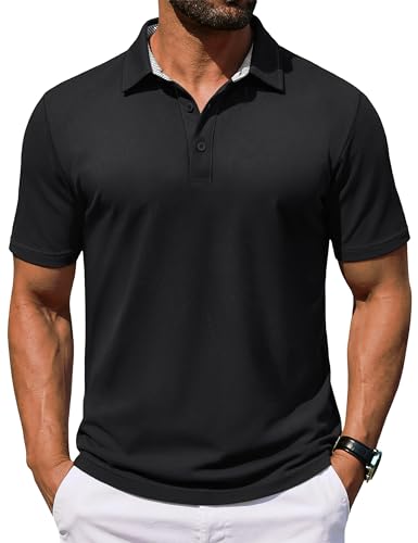 TACVASEN Polo Shirts for Men Adult Golf Short Sleeve Breathable Shirt Summer Qick Dry Cotton Top for Casual Outdoor Black,L