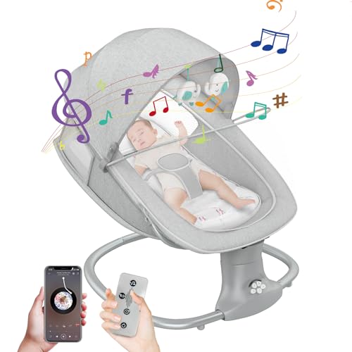 Image of Baby Swings for Infants, Electric Remote Control Baby Bouncer, Portable Infant Swing for Baby Boy Girl with 15Lullabies,5 Speeds,Bluetooth, Adapter & Battery Operated, Indoor & Outdoor Use