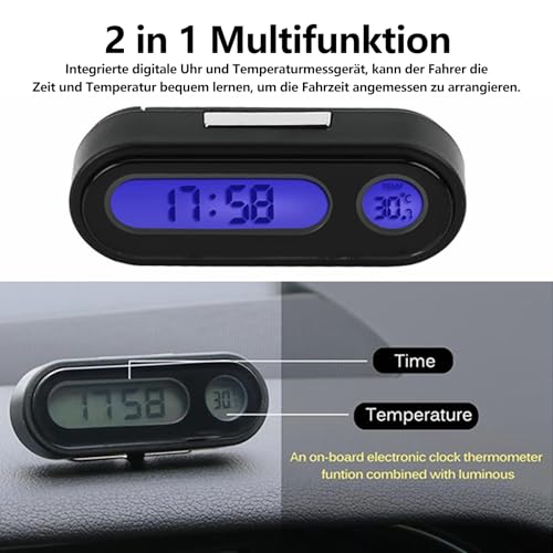 Auto Thermometer Voltmeter Uhr, 2 in 1 Auto Fahrzeug Innenraum Mini elektronische Uhr LED Digitaluhr Thermometer Voltmeter