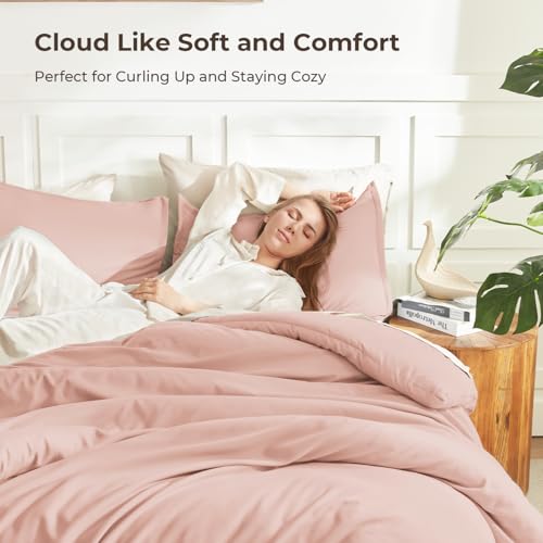 Image of Litanika Pink Comforter Set King Size, 3 Pieces Blush Plain Bedding Comforter Set, All Season Bed Set (90x90In Comforter & 2 Pillowcases)