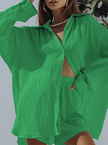 Image of Fixmatti Women 2 Piece Outfits Long Sleeve Button Down Blouse and Shorts Sweatsuit Sets