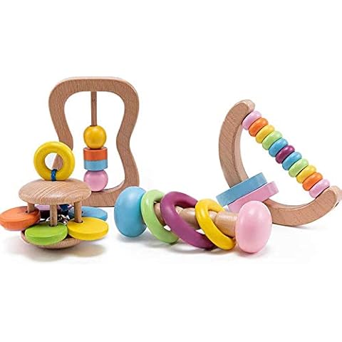 let's make Montessori Wooden Rattle Teether 4PC Preschool Educational Toys Baby Grasping Toy Perfect Toddler Shower Gift Cover
