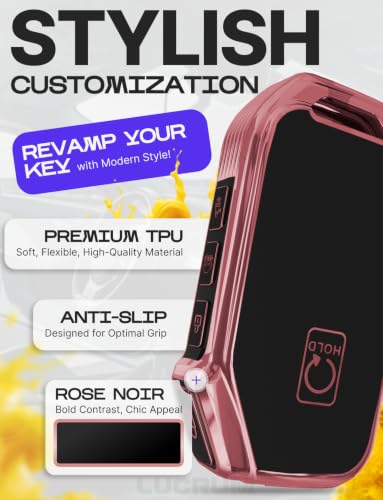 Image of Lucrum Key Fob Cover for Kia, TPU KeyFob Case & Leather Keychain | Fits NOT FLIP Sportage Soul Forte Telluride EV6 Niro K5 Stinger, 5 Buttons (2018-2025) - Pink and Black