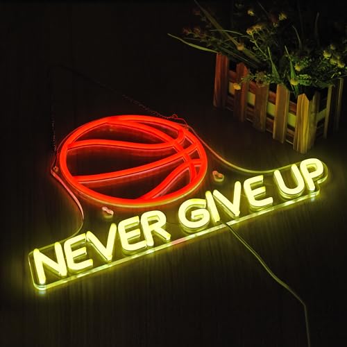 Image of Never Give Up Basketball Neon Sign - 17 inchx10 inch Wall Decor for Boys Bedroom Classroom, Dimmable LED Neon Light Sign for Gym Man Cave Decor, Motivational Gift for Teen Boys, Men & Basketball Lovers - USB Powered (Red & Yellow)