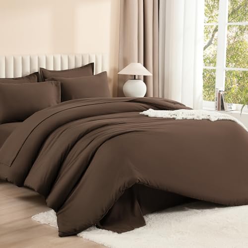 Image of Litanika Super King Plus Comforter Sets Brown - 7 Pieces Bed in a Bag Beddding Sets, Solid Lightweight Bed Set with Comforter, Sheets, Pillowcases & Shams
