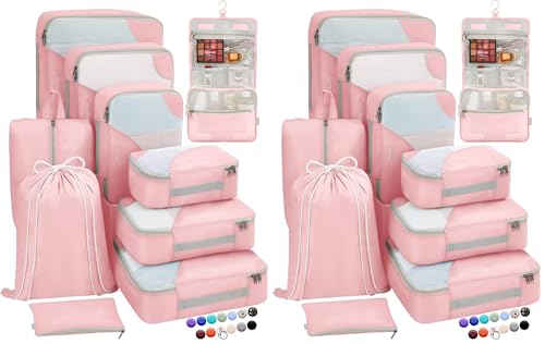 Image of OlarHike Travel Essentials ALL INCLUDED 10 Set Sturdy Packing Cubes for Suitcases, UPGRADED Anti-Tear Stitching, NEW Improved Luggage Packing Organizers for Travel Accessories(Pink) (Pack of 2)