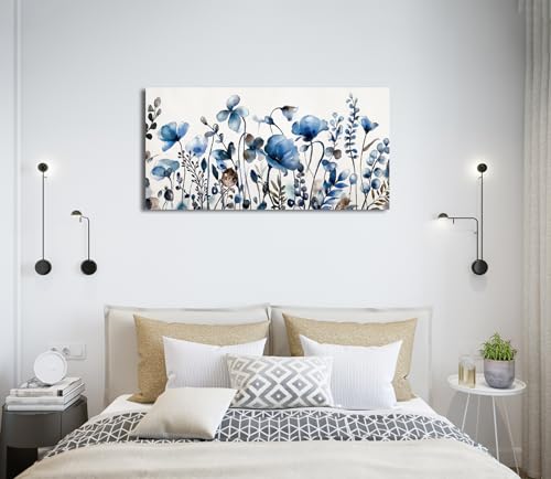 Image of VEAEE Floral Wall Art, Abstract Indigo Flowers Canvas Pictures, Living Room Wall Decor, Modern Landscape Painting, Botanical Grass Artwork for Bedroom Bathroom Kitchen Office Wall Decor 20 inchx 40 inch