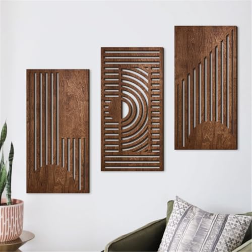 3 Pcs Geometric Wood Wall Art Decor, Wooden Minimalist Wall Hanging Decor, 3D Hollow Carved Craft Art Set, Boho Abstract Wall Sculptures Panels Decoration for Home Living Room Bedroom Kitchen (B) by Jocaluyia - Image 5