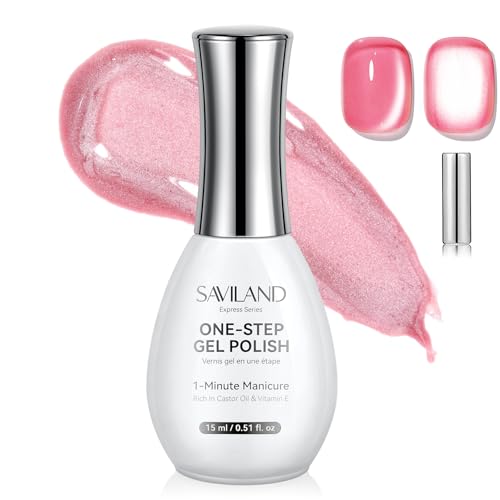 SAVILAND Glazed Nails One-Step Gel Nail Polish: Cat Eye Nail Polish Art Pen 15 ML 5-in-1 Rosy Pink 0.5oz One-Min Manicure Quick &amp; Easy Create Naturally Curved Manicure Magnetic Polish Home Manicure