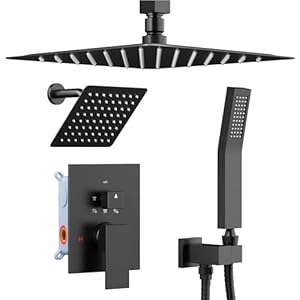 Shower Systems Shower Faucet Sets Matte Black, STARBATH 12+6″ Dual Rain Shower Head with Handheld Spray for Two People, Ceiling Mount 3 Way Rainfall Shower Valve with 5 Diverter and Trim Kit Complete