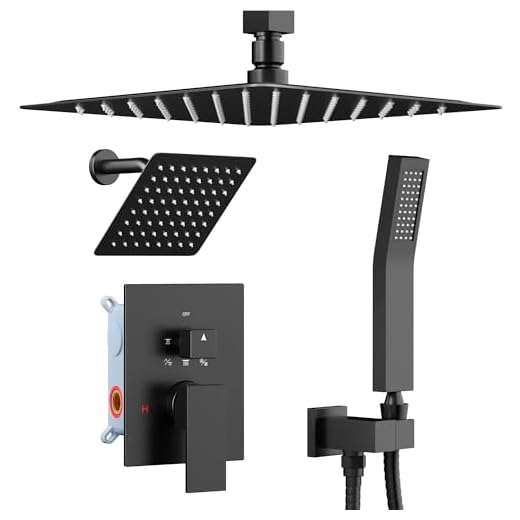 Shower Faucet Set Ceiling Shower System, STARBATH 12+6" Dual Rain Shower Head with Handheld Spray for Two People,Rainfall 3 Way Shower Valve with 5 Diverter and Trim Kit Complete, Matte Black
