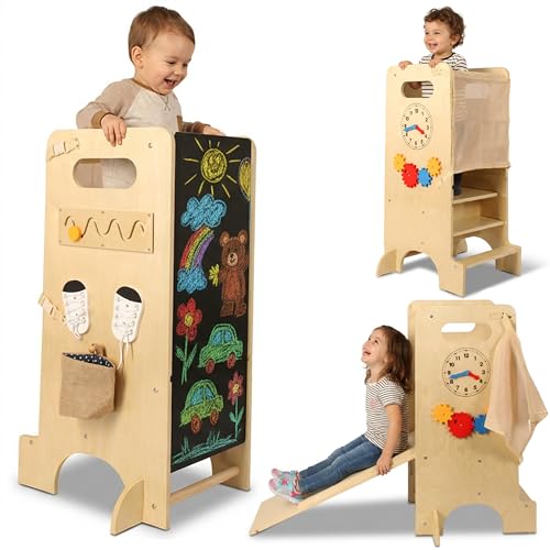 Torre de Aprendizaje Montessori - Torre Aprendizaje Montessori - Torre Montessori de Madera-Torre multifuncional con Juegos Sensoriales Infantiles-Learning Tower-Taburete Infantil Multiusos para Niños