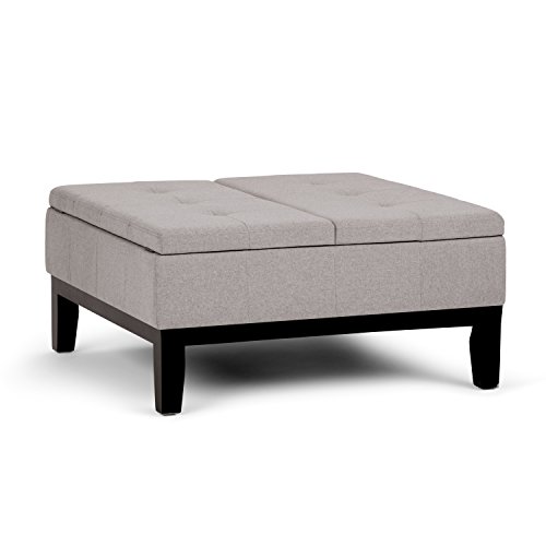 Simpli Home Dover 36 inch Wide Square Coffee Table Lift Top Storage Ottoman, Cocktail Footrest Stool in Upholstered Cloud Grey Tufted Linen Look Fabric for the Living Room, Contemporary