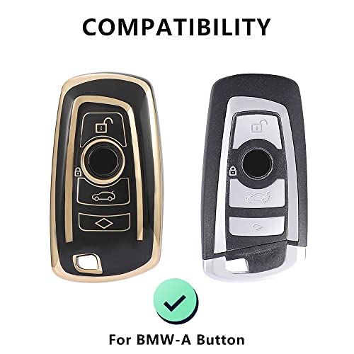 Image of Keyzone TPU car Key Cover and Keychain Compatible for BMW X4, X3, 5 Series, 6 Series, 3 Series, 7 Series 4 Button Smart Key (Type1) (Gold Black with Gold Black KZ Keychain)