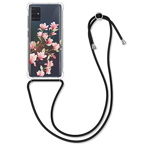 kwmobile Crossbody Case Compatible with Samsung Galaxy A51 - Clear TPU Cell Phone Mobile Cover Holder with Neck Cord Lanyard Strap - Magnolias Light Pink/White/Transparent