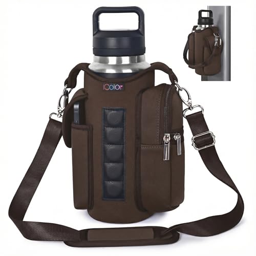 Image of icolor Magnetic Gym Bag Water Bottle Carrier Holder with Phone Pockets & Shoulder Strap,Gym Magnetic Bag 5 Built-in Magnets Gym Accessories Organizer Sling Bottle Bag Pouch Sleeve (Neoprene, Brown)