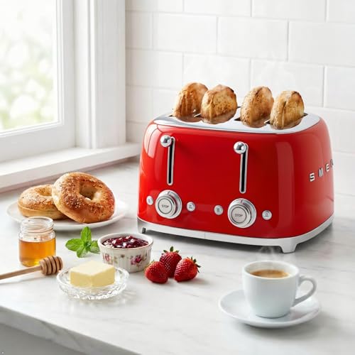 Image of SMEG 4 Slice Toaster TSF03, Retro Stainless-Steel Toaster with Wide Slots for Bagels, 6 Browning Levels, Defrost Reheat Bagel Functions, Dual Controls, Crumb Trays,1800W - TSF03RDUS - Red