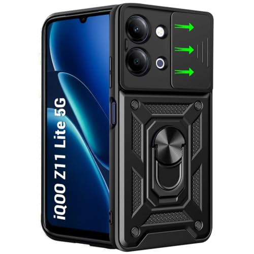 Image of TheGiftKart Tough Armor Bumper Back Cover Case for iQOO Z11 Lite 5G | Sliding Camera Cover, Kickstand & Ring Holder | 360 Degree Protection Back Cover Case for iQOO Z11 Lite 5G (PC & TPU, Black)