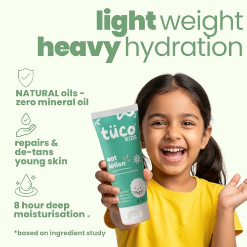 Image of Tuco Oat Body Lotion for Kids | 48Hrs Moisturization | 3-15 Yrs | Enriched with Vitamin E, Aloe Vera, Almond | Lightweight, Non-Greasy | All Skin Type | Dermat Tested | SLS & Paraben free | 50ml